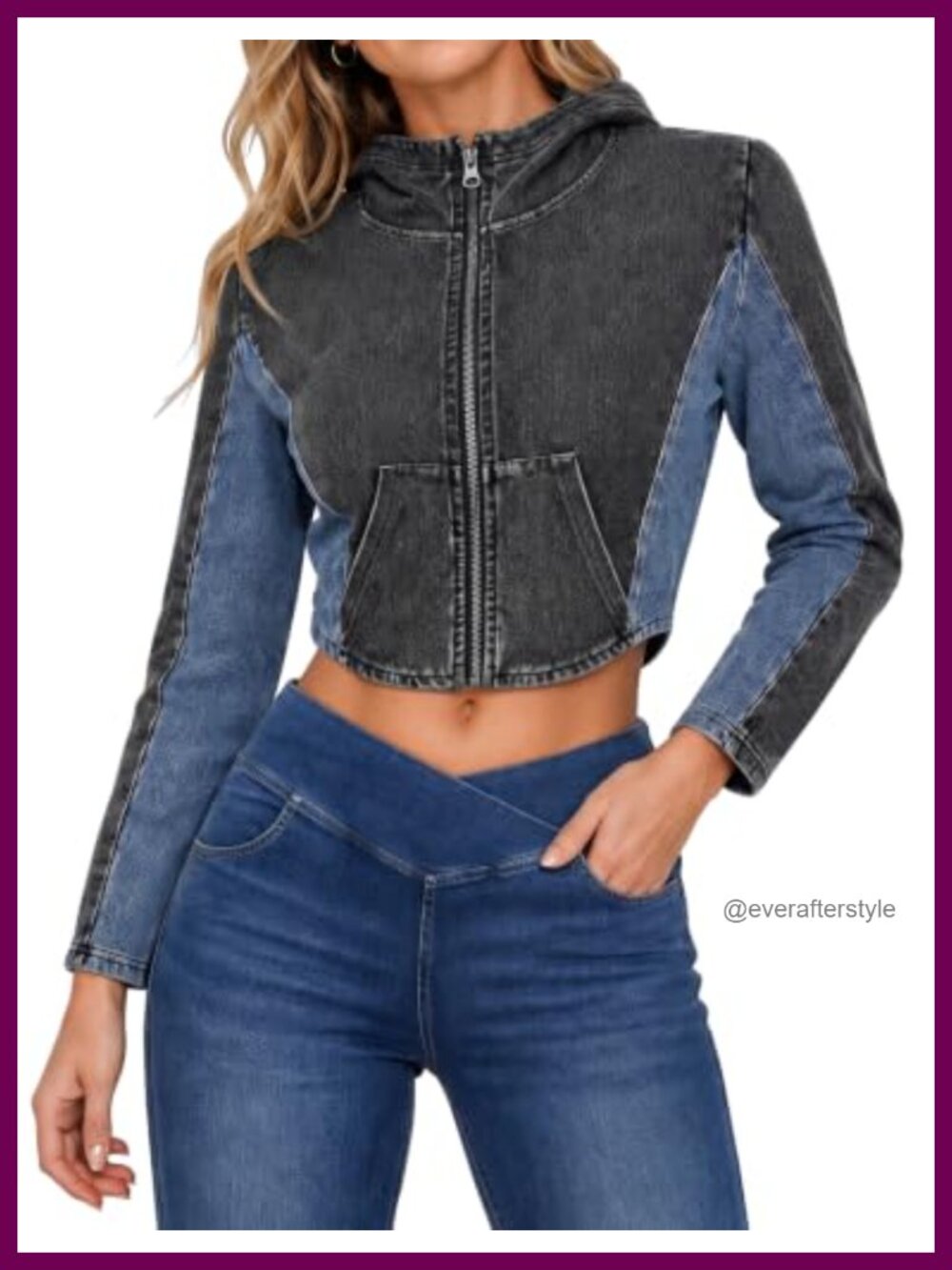 Womens Cropped Denim Jacket Hooded Stretch Cotton Blend Zip Up